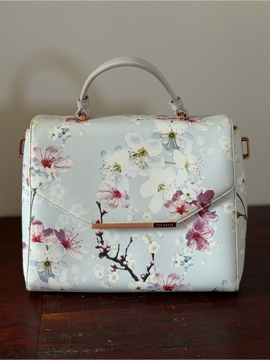 Ted Baker Handbags - Ted Baker Light Blue Floral Top-Handle Satchel with Rose Gold Trim